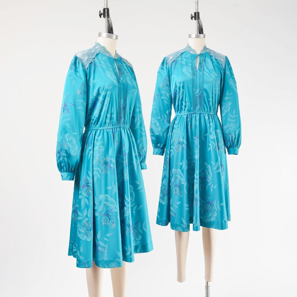 Vintage 70s Teal Floral Dress Sheer Lace Keyhole Neckline Full Midi Dress S M